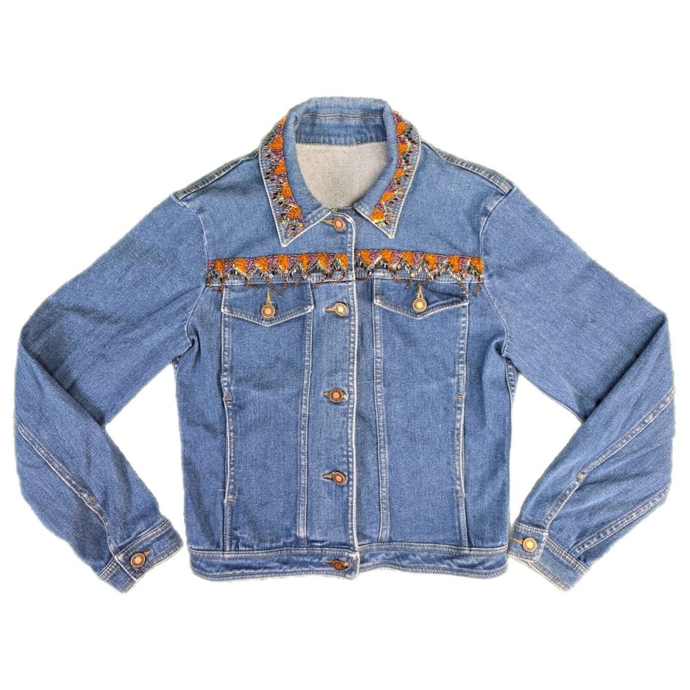 Vintage Mondi Sport Beaded Denim Jean Jacket Womens Size Small Vtg 80s Western